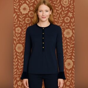 🛍️ Boden Velvet Trim Navy Jersey Top Shirt Tunic Size S Tall (6–8) Flattering
